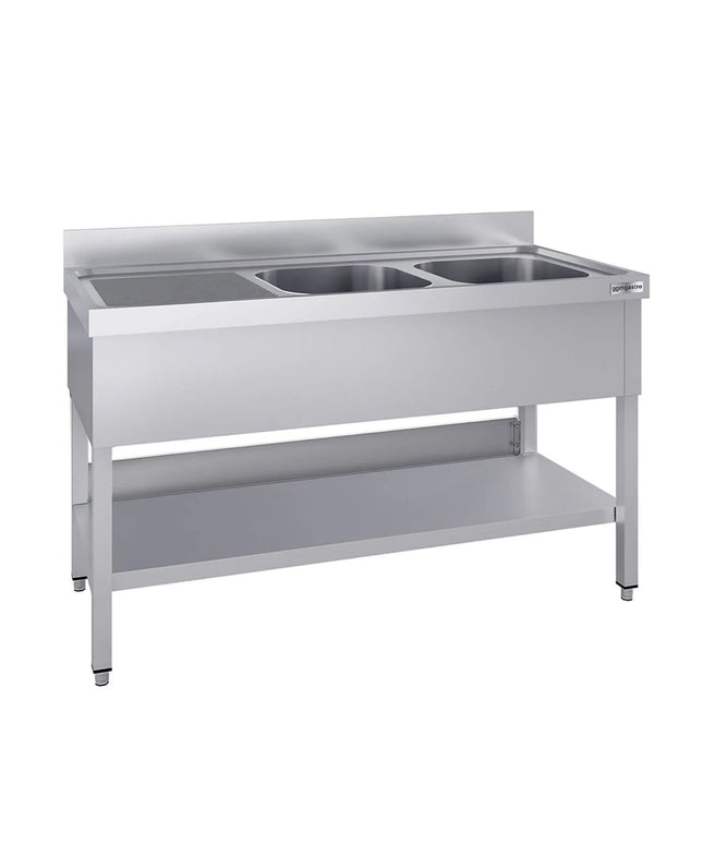 GGM Gastro Stainless Steel Commercial Sink Unit ECO - 1600x600mm - with Double Bowl Right-hand - with Undershelf - with Upstand