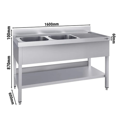 GGM Gastro Stainless Steel Commercial Sink Unit ECO - 1600x600mm - with Double Bowl Left-hand - with Undershelf - with Upstand