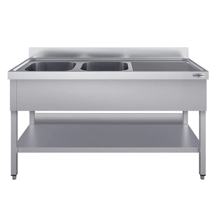 GGM Gastro Stainless Steel Commercial Sink Unit ECO - 1600x600mm - with Double Bowl Left-hand - with Undershelf - with Upstand