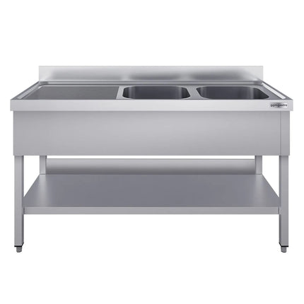 GGM Gastro Stainless Steel Commercial Sink Unit ECO - 1600x600mm - with Double Bowl Right-hand - with Undershelf - with Upstand