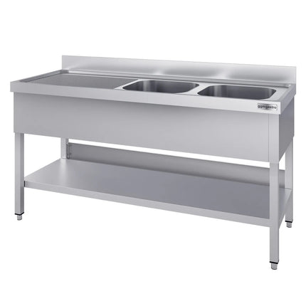 GGM Gastro Stainless Steel Commercial Sink Unit ECO - 1600x600mm - with Double Bowl Right-hand - with Undershelf - with Upstand