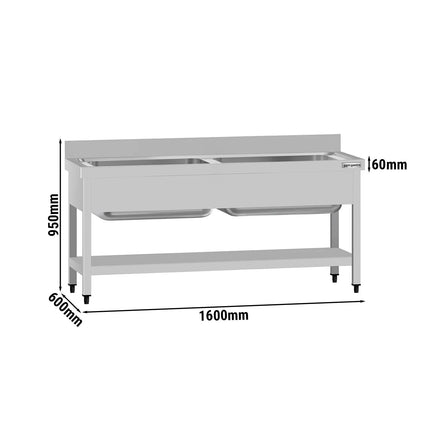 GGM Gastro Stainless Steel Commercial Sink Unit ECO - 1600x600mm - with Undershelf & Double Bowl - with Upstand
