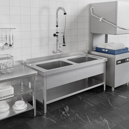 GGM Gastro Stainless Steel Commercial Sink Unit ECO - 1600x600mm - with Undershelf & Double Bowl - with Upstand