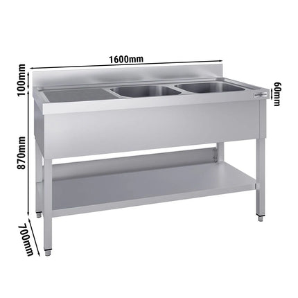 GGM Gastro Stainless Steel Commercial Sink Unit ECO - 1600x700mm - with Double Bowl Right-hand - with Undershelf - with Upstand