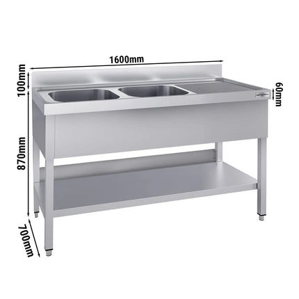 GGM Gastro Stainless Steel Commercial Sink Unit ECO - 1600x700mm - with Double Bowl Left-hand - with Undershelf - with Upstand