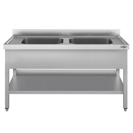 GGM Gastro Stainless Steel Commercial Sink Unit ECO - 1600x700mm - with Double Bowl Centre - with Undershelf - with Upstand