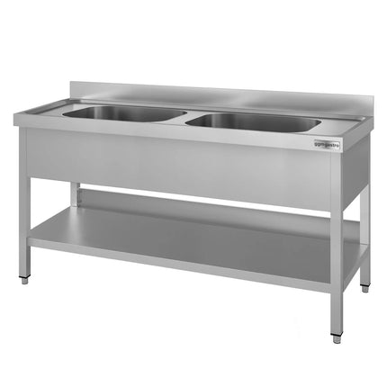 GGM Gastro Stainless Steel Commercial Sink Unit ECO - 1600x700mm - with Double Bowl Centre - with Undershelf - with Upstand