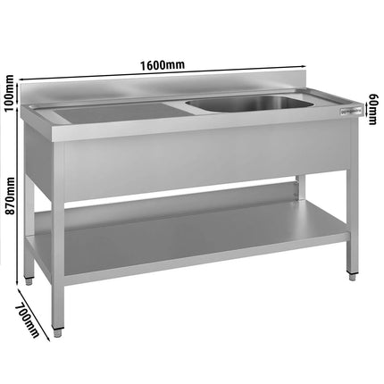 GGM Gastro Stainless Steel Commercial Sink Unit ECO - 1600x700mm - with Single Bowl Right-hand - with Undershelf