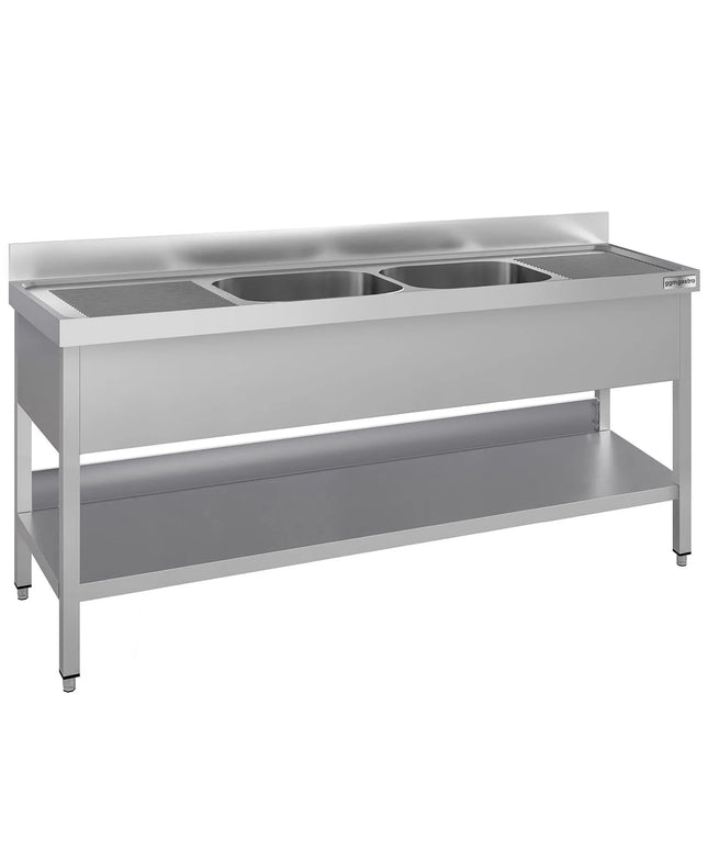 GGM Gastro Stainless Steel Commercial Sink Unit ECO - 1800x600mm - with Double Bowl Centre - with Undershelf - with Upstand
