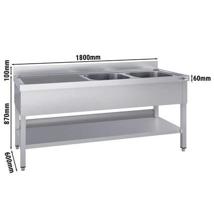 GGM Gastro Stainless Steel Commercial Sink Unit ECO - 1800x600mm - with Double Bowl Right-hand - with Undershelf - with Upstand