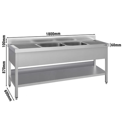 GGM Gastro Stainless Steel Commercial Sink Unit ECO - 1800x600mm - with Double Bowl Centre - with Undershelf - with Upstand