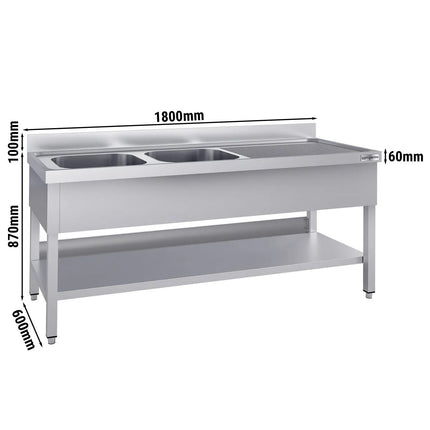 GGM Gastro Stainless Steel Commercial Sink Unit ECO - 1800x600mm - with Double Bowl Left-hand - with Undershelf - with Upstand