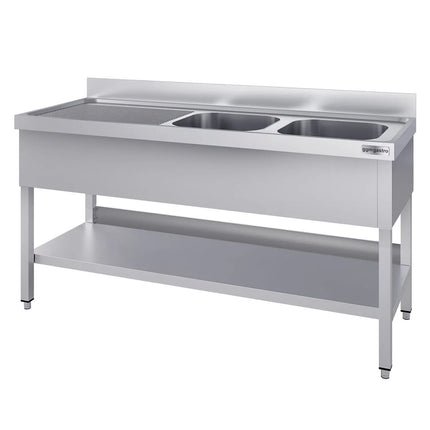 GGM Gastro Stainless Steel Commercial Sink Unit ECO - 1800x600mm - with Double Bowl Right-hand - with Undershelf - with Upstand