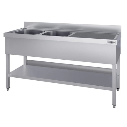 GGM Gastro Stainless Steel Commercial Sink Unit ECO - 1800x600mm - with Double Bowl Left-hand - with Undershelf - with Upstand