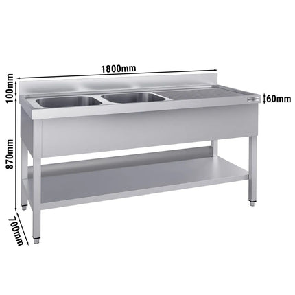 GGM Gastro Stainless Steel Commercial Sink Unit ECO - 1800x700mm - with Double Bowl Left-hand - with Undershelf - with Upstand