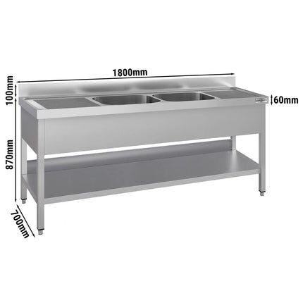 GGM Gastro Stainless Steel Commercial Sink Unit ECO - 1800x700mm - with Double Bowl Centre - with Undershelf - with Upstand