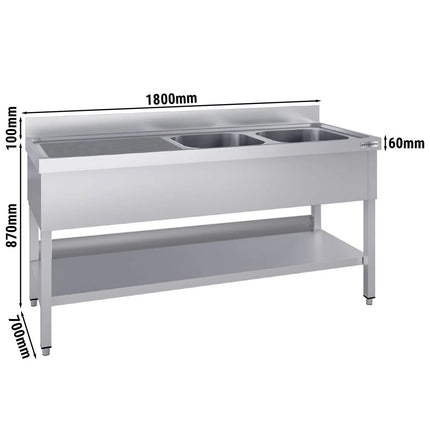GGM Gastro Stainless Steel Commercial Sink Unit ECO - 1800x700mm - with Double Bowl Right-hand - with Undershelf - with Upstand