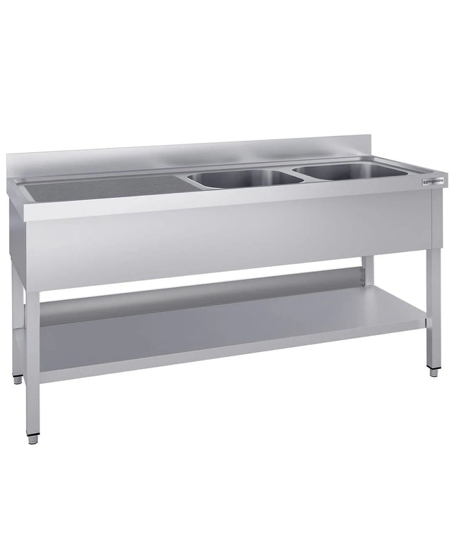 GGM Gastro Stainless Steel Commercial Sink Unit ECO - 2000x600mm - with Double Bowl Right-hand - with Undershelf - with Upstand