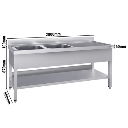 GGM Gastro Stainless Steel Commercial Sink Unit ECO - 2000x600mm - with Double Bowl Left-hand - with Undershelf - with Upstand