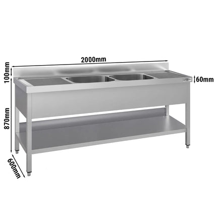 GGM Gastro Stainless Steel Commercial Sink Unit ECO - 2000x600mm - with Double Bowl Centre - with Undershelf
