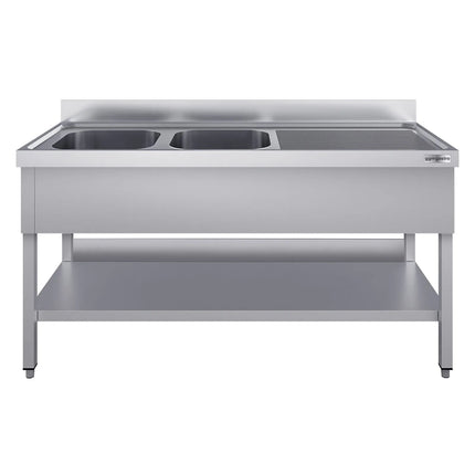 GGM Gastro Stainless Steel Commercial Sink Unit ECO - 2000x600mm - with Double Bowl Left-hand - with Undershelf - with Upstand