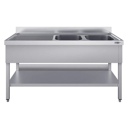 GGM Gastro Stainless Steel Commercial Sink Unit ECO - 2000x600mm - with Double Bowl Right-hand - with Undershelf - with Upstand