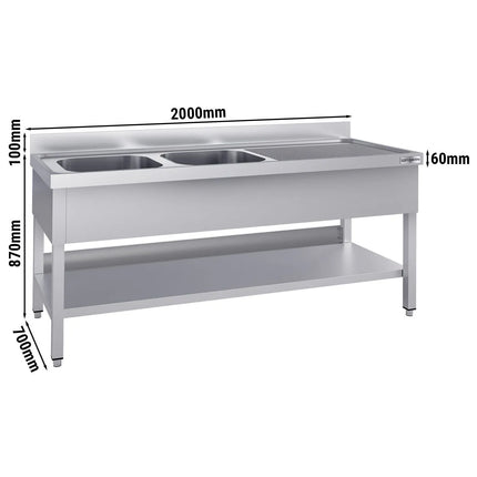 GGM Gastro Stainless Steel Commercial Sink Unit ECO - 2000x700mm - with Double Bowl Left-hand - with Undershelf - with Upstand