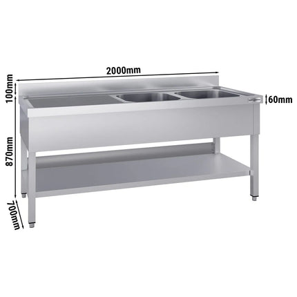 GGM Gastro Stainless Steel Commercial Sink Unit ECO - 2000x700mm - with Double Bowl Right-hand - with Undershelf - with Upstand