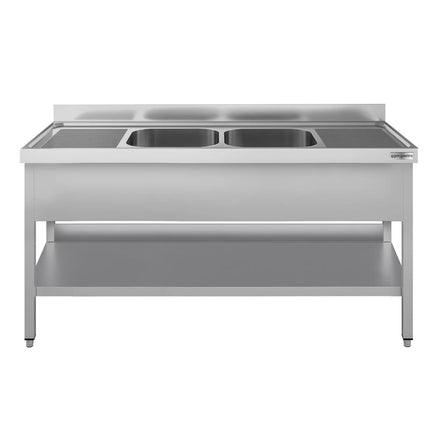 GGM Gastro Stainless Steel Commercial Sink Unit ECO - 2000x700mm - with Double Bowl Centre - with Undershelf - with Upstand