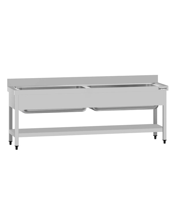 GGM Gastro Stainless Steel Commercial Sink Unit ECO - 2000x700mm - with Undershelf & Double Bowl - with Upstand