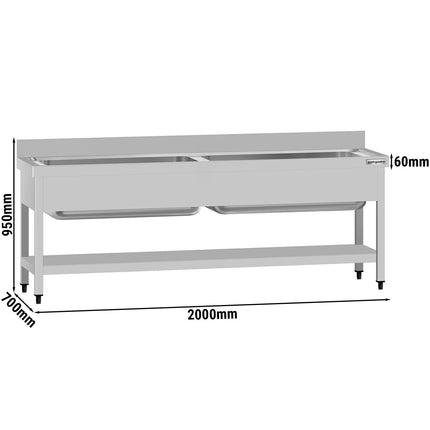 GGM Gastro Stainless Steel Commercial Sink Unit ECO - 2000x700mm - with Undershelf & Double Bowl - with Upstand