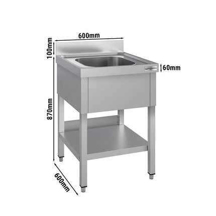 GGM Gastro Stainless Steel Commercial Sink Unit ECO - 600x600mm - with Single Bowl Centre - with Undershelf - with Upstand