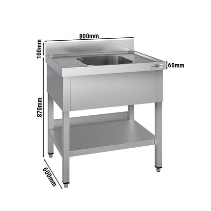 GGM Gastro Stainless Steel Commercial Sink Unit ECO - 800x600mm - with Single Bowl Centre - with Undershelf - with Upstand