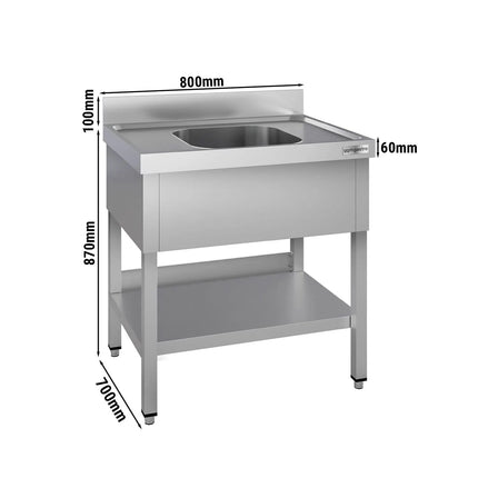 GGM Gastro Stainless Steel Commercial Sink Unit ECO - 800x700mm - with Single Bowl Centre - with Undershelf - with Upstand