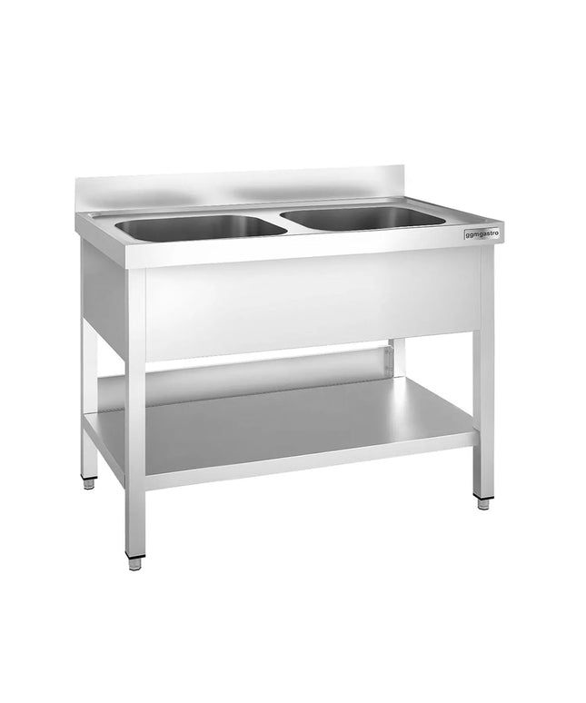GGM Gastro Stainless Steel Commercial Sink Unit PREMIUM - 1000x600mm - with Double Bowl Centre - with Undershelf - with Upstand