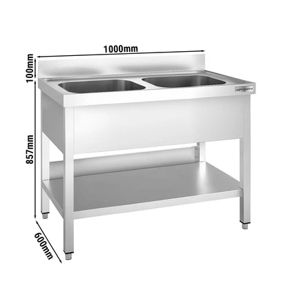 GGM Gastro Stainless Steel Commercial Sink Unit PREMIUM - 1000x600mm - with Double Bowl Centre - with Undershelf - with Upstand