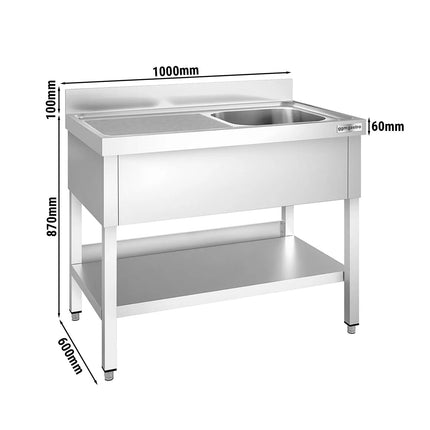 GGM Gastro Stainless Steel Commercial Sink Unit PREMIUM - 1000x600mm - with Single Bowl Right-hand - with Undershelf - with Upstand