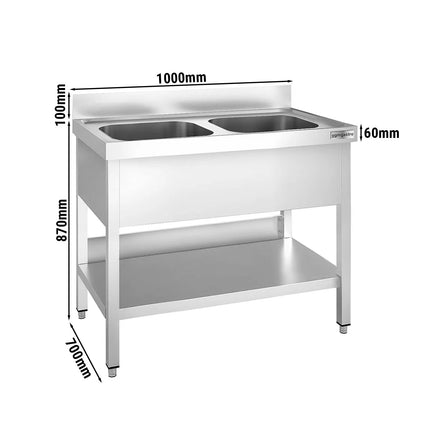 GGM Gastro Stainless Steel Commercial Sink Unit PREMIUM - 1000x700mm - with Double Bowl Centre - with Undershelf