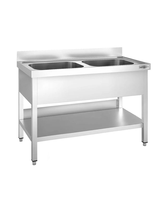 GGM Gastro Stainless Steel Commercial Sink Unit PREMIUM - 1200x600mm - with Double Bowl Centre - with Undershelf - with Upstand