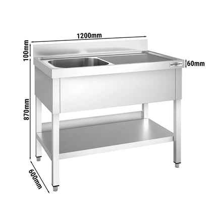 GGM Gastro Stainless Steel Commercial Sink Unit PREMIUM - 1200x600mm - with Single Bowl Left-hand - with Undershelf