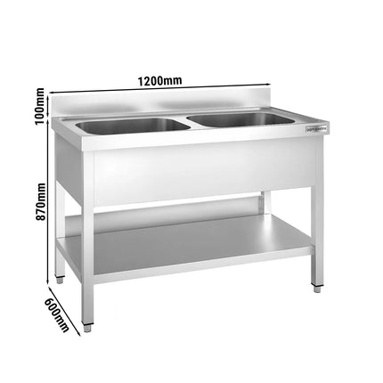 GGM Gastro Stainless Steel Commercial Sink Unit PREMIUM - 1200x600mm - with Double Bowl Centre - with Undershelf - with Upstand