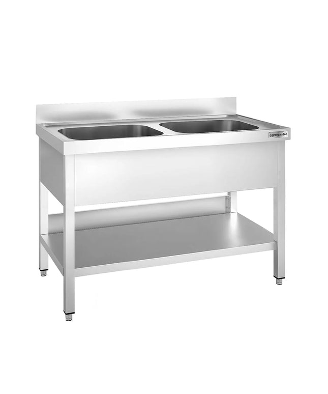 GGM Gastro Stainless Steel Commercial Sink Unit PREMIUM - 1200x700mm - with Double Bowl Centre - with Undershelf - with Upstand