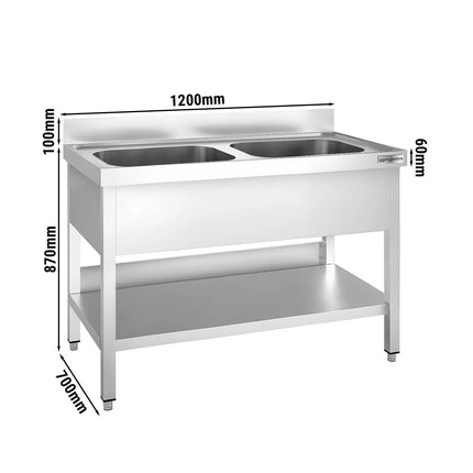 GGM Gastro Stainless Steel Commercial Sink Unit PREMIUM - 1200x700mm - with Double Bowl Centre - with Undershelf - with Upstand