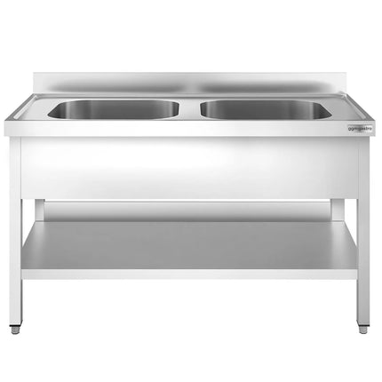 GGM Gastro Stainless Steel Commercial Sink Unit PREMIUM - 1400x600mm - with Double Bowl Centre - with Undershelf - with Upstand