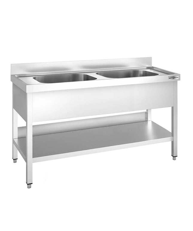 GGM Gastro Stainless Steel Commercial Sink Unit PREMIUM - 1400x700mm - with Double Bowl Centre - with Undershelf - with Upstand