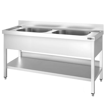 GGM Gastro Stainless Steel Commercial Sink Unit PREMIUM - 1400x700mm - with Double Bowl Centre - with Undershelf - with Upstand