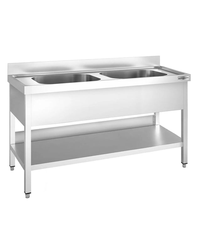 GGM Gastro Stainless Steel Commercial Sink Unit PREMIUM - 1600x600mm - with Double Bowl Centre - with Undershelf - with Upstand