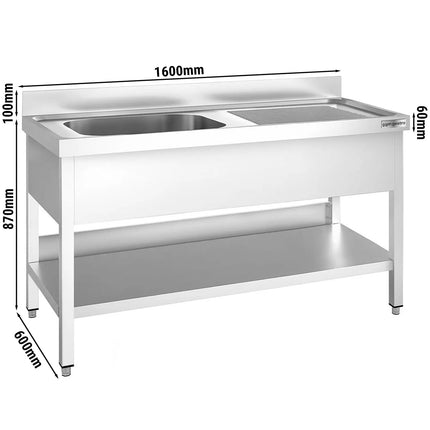 GGM Gastro Stainless Steel Commercial Sink Unit PREMIUM - 1600x600mm - with Single Bowl Left-hand - with Undershelf