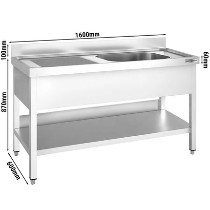 GGM Gastro Stainless Steel Commercial Sink Unit PREMIUM - 1600x600mm - with Single Bowl Right-hand - with Undershelf