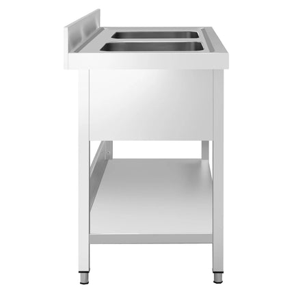 GGM Gastro Stainless Steel Commercial Sink Unit PREMIUM - 1600x600mm - with Double Bowl Centre - with Undershelf - with Upstand